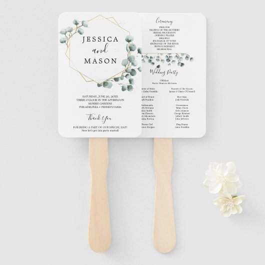 Eucalyptus groen bruiloft fan programma handwaaier (Voorkant en achterkant)