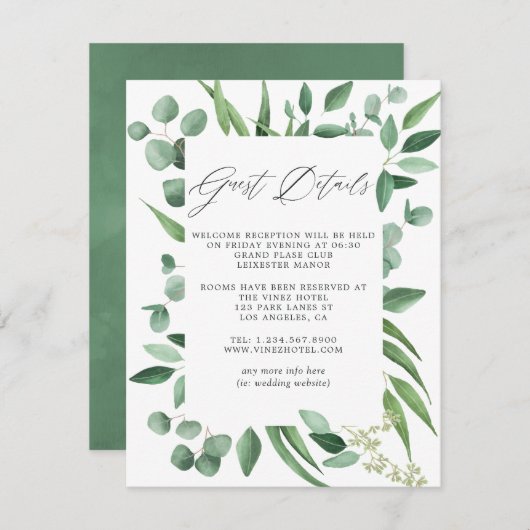 Eucalyptus groen bruiloft gastgegevens informatiekaartje (Voorkant / Achterkant)