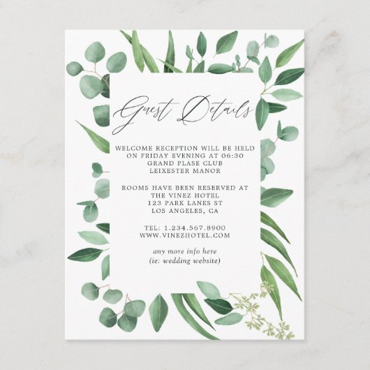 Eucalyptus groen bruiloft gastgegevens informatiekaartje (Voorkant)