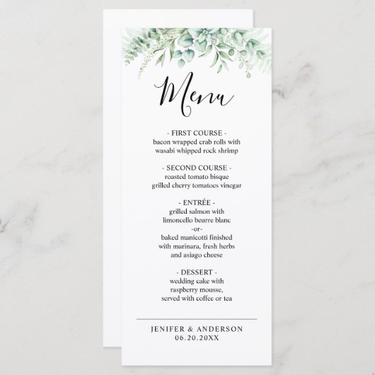 Eucalyptus groen bruiloft menu (Voorkant / Achterkant)