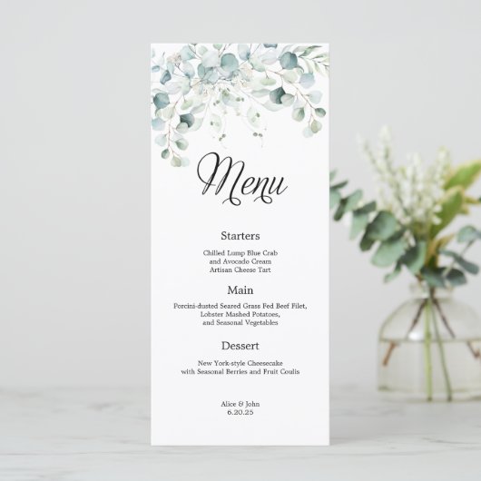 Eucalyptus groen bruiloft menu (Staand voorkant)