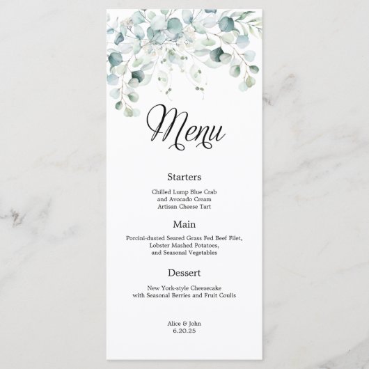 Eucalyptus groen bruiloft menu (Voorkant)