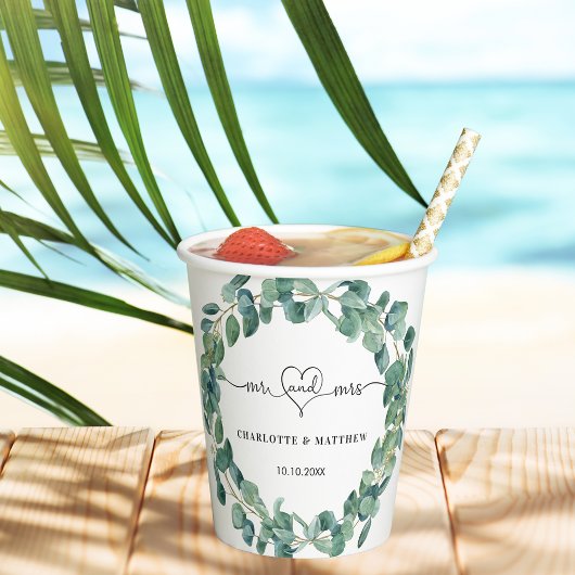 Eucalyptus groen bruiloft mr mrs hart papieren bekers