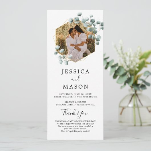 Eucalyptus groen bruiloft programma met foto programmakaart (Staand voorkant)