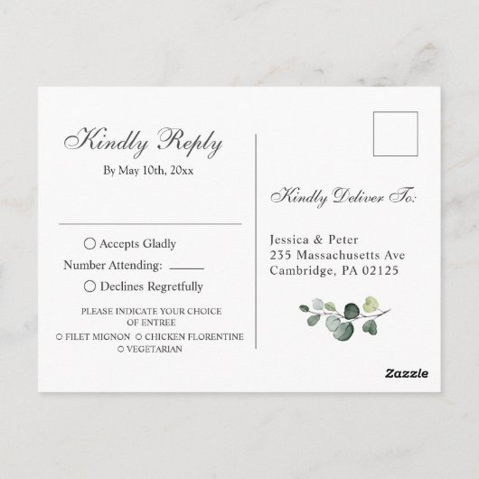 Eucalyptus groen bruiloft RSVP met maaltijdkeuze Briefkaart (Achterkant)