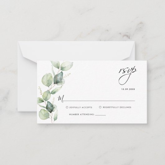 Eucalyptus groen bruiloft script RSVP Notitiekaartje (Voorkant)