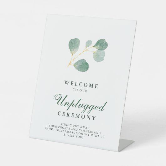 Eucalyptus groen bruiloft unplugged ceremonie reclamebord met voetstuk (Voorkant)