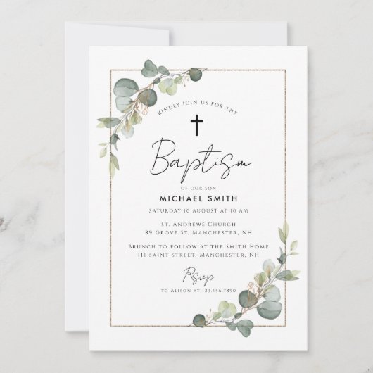 eucalyptus groen doop uitnodiging (Voorkant)