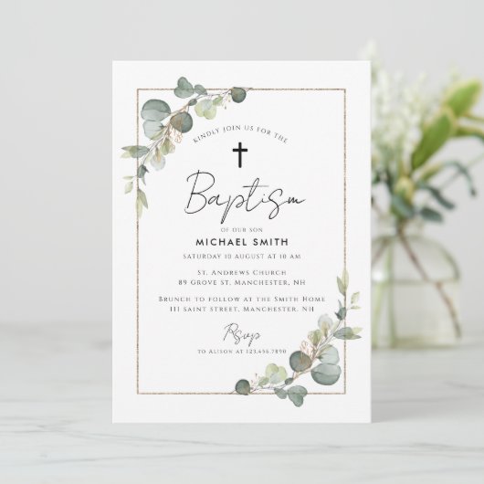 eucalyptus groen doop uitnodiging (Staand voorkant)