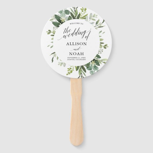Eucalyptus groen eenvoudig elegant huwelijksprogra handwaaier (Voorkant)