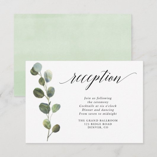 Eucalyptus groen eenvoudige elegante ontvangst informatiekaartje (Voorkant / Achterkant)