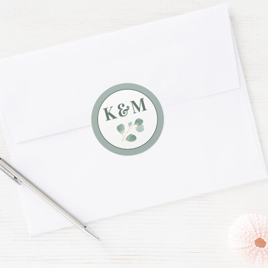 Eucalyptus groen Elegant bruiloft monogram Ronde Sticker