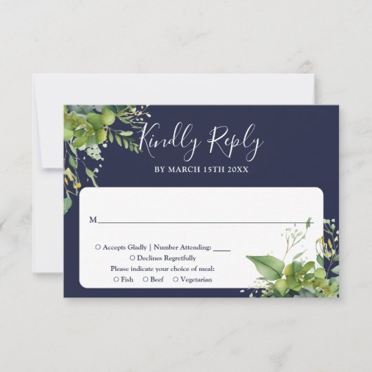 Eucalyptus groen Elegant marineblauw bruiloft RSVP Kaartje (Voorkant)