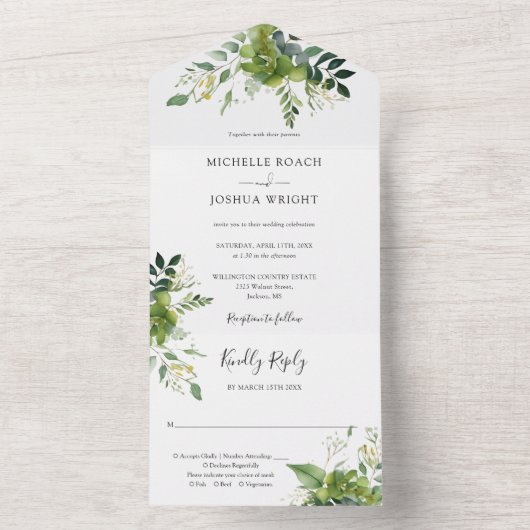 Eucalyptus groen Elegant Monogram bruiloft All In One Uitnodiging (Binnen)