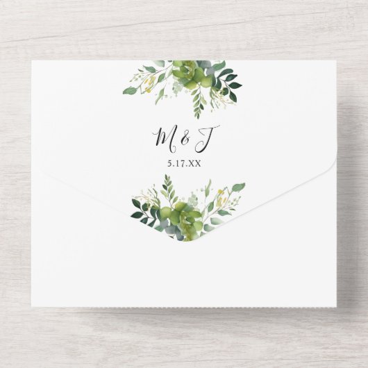 Eucalyptus groen Elegant Monogram bruiloft All In One Uitnodiging (Achterkant)