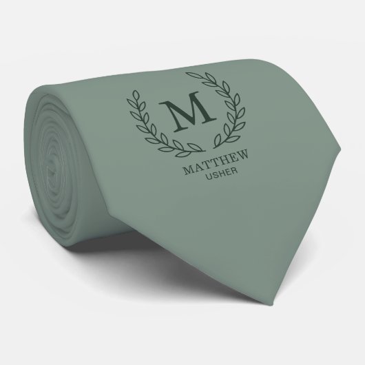 Eucalyptus Groen Elegant Trouw Usher Monogram Stropdas (Opgerold)