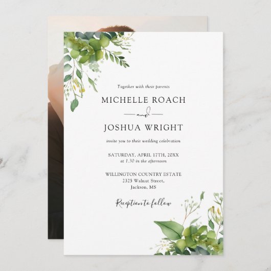 Eucalyptus groen Elegante foto bruiloft Kaart (Voorkant / Achterkant)