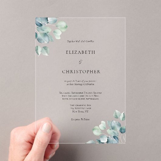 Eucalyptus groen Elegante minimalistische bruiloft Acryl Uitnodigingen (Insitu (Draagbaar))
