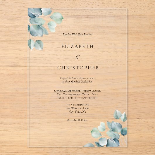 Eucalyptus groen Elegante minimalistische bruiloft Acryl Uitnodigingen (Voorkant)