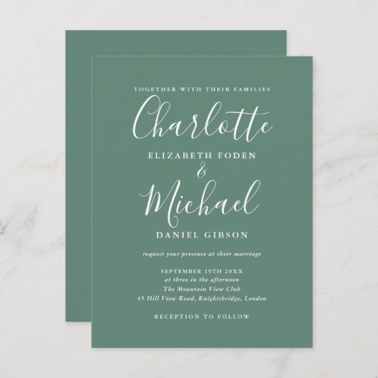 Eucalyptus Groen Elegante Moderne Script Bruiloft Uitnodiging Briefkaart (Voorkant / Achterkant)