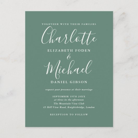 Eucalyptus Groen Elegante Moderne Script Bruiloft Uitnodiging Briefkaart (Voorkant)