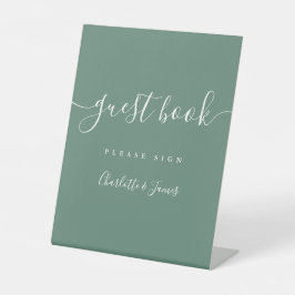Eucalyptus groen elegante moderne script gastboek reclamebord met voetstuk