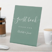 Eucalyptus groen elegante moderne script gastboek reclamebord met voetstuk (Insitu)