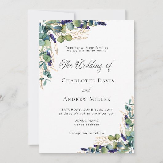 Eucalyptus groen elegante script bruiloft kaart (Voorkant)