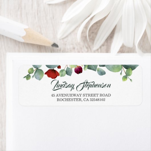 Eucalyptus groen en Bourgondische rode bloemen Etiket (Insitu)