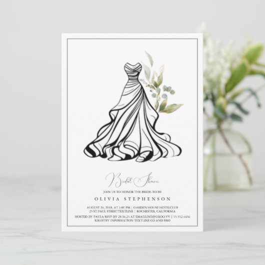 Eucalyptus groen en bruiloft jurk uitnodiging (Staand voorkant)