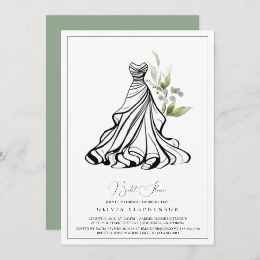 Eucalyptus groen en bruiloft jurk uitnodiging (Voorkant / Achterkant)