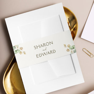 Eucalyptus groen en goud gepersonaliseerde bruilof uitnodigingen wikkel