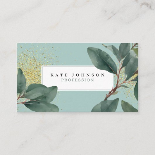 Eucalyptus groen en goud QR-code Visitekaartje (Voorkant)