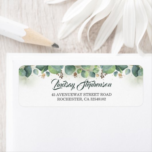 Eucalyptus groen en gouden bruiloft etiket (Insitu)