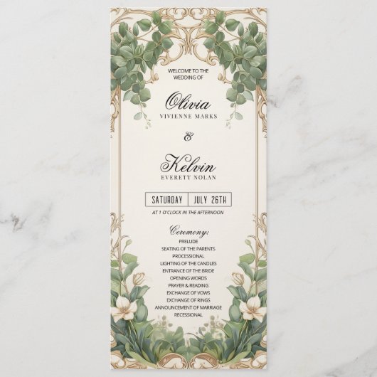 Eucalyptus groen en gouden bruiloft programmakaart (Voorkant)