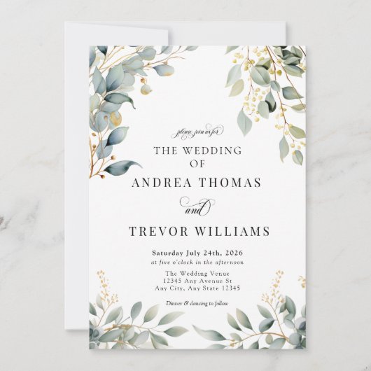 Eucalyptus groen en gouden bruiloft uitnodigingen (Voorkant)