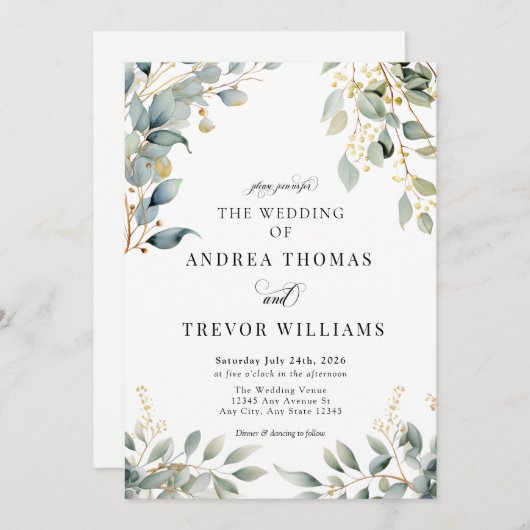 Eucalyptus groen en gouden bruiloft uitnodigingen (Voorkant / Achterkant)