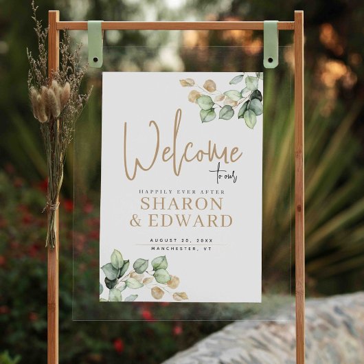 Eucalyptus groen en gouden bruiloft welkom poster