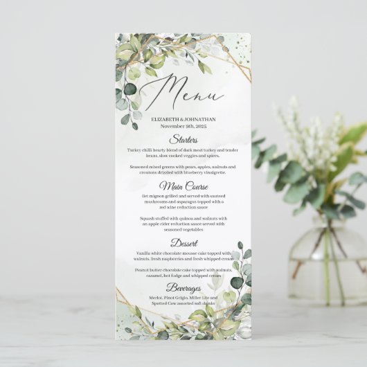 Eucalyptus groen faux gouden Lijst bruiloft diner Menu (Staand voorkant)