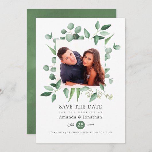 Eucalyptus groen foto bruiloft save the date (Voorkant / Achterkant)
