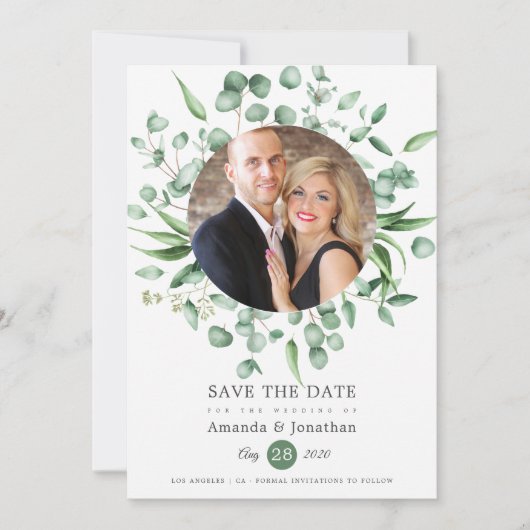 Eucalyptus groen foto bruiloft save the date (Voorkant)