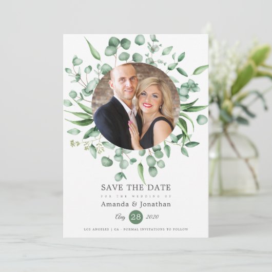 Eucalyptus groen foto bruiloft save the date (Staand voorkant)