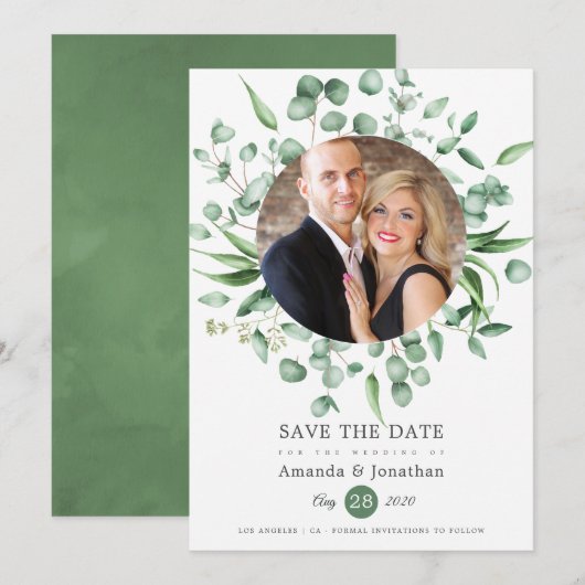 Eucalyptus groen foto bruiloft save the date (Voorkant / Achterkant)