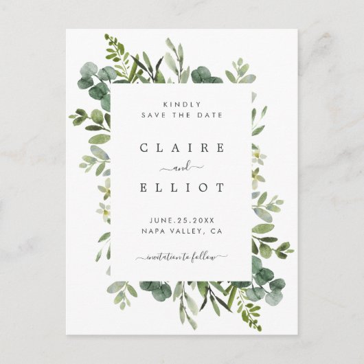 Eucalyptus Groen gebladerte Bruiloft Save the Date Aankondigingskaart (Voorkant)