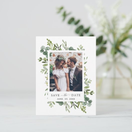 Eucalyptus Groen gebladerte Sla de datumfoto op Aankondigingskaart (Staand voorkant)