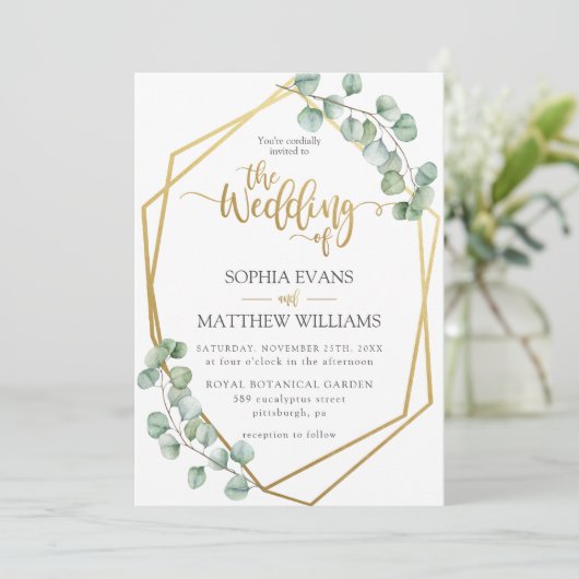 Eucalyptus groen geometrisch goud Lijst bruiloft Kaart (Staand voorkant)