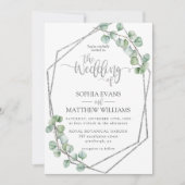 Eucalyptus groen geometrisch zilver Lijst bruiloft Kaart (Voorkant)