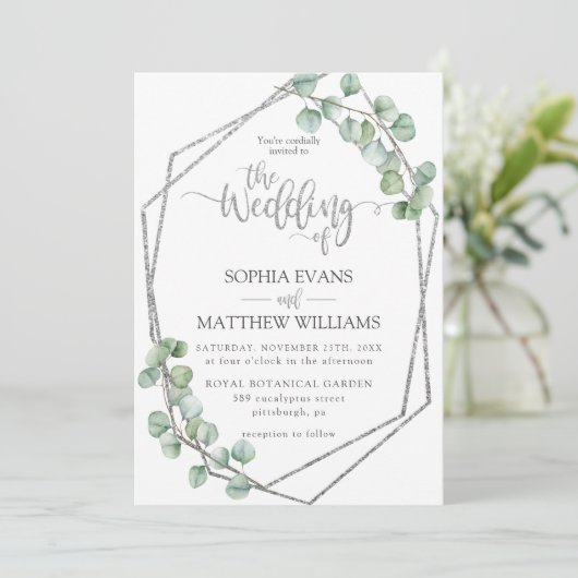 Eucalyptus groen geometrisch zilver Lijst bruiloft Kaart (Staand voorkant)