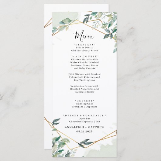 Eucalyptus groen geometrische bruiloft douche menu (Voorkant / Achterkant)