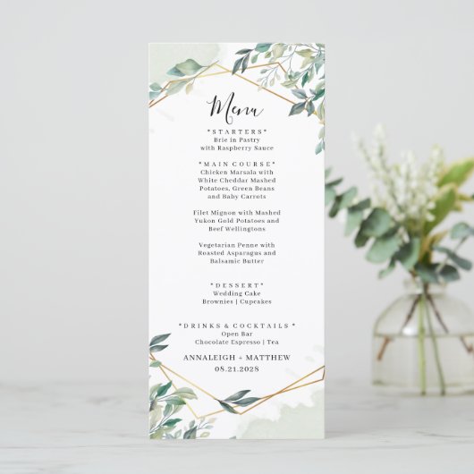 Eucalyptus groen geometrische bruiloft douche menu (Staand voorkant)